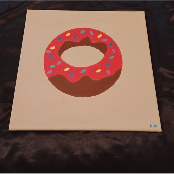 Hand Crafted Other - Donut food painting on canvas red brown acrylic hand painted 14 x 14 inches